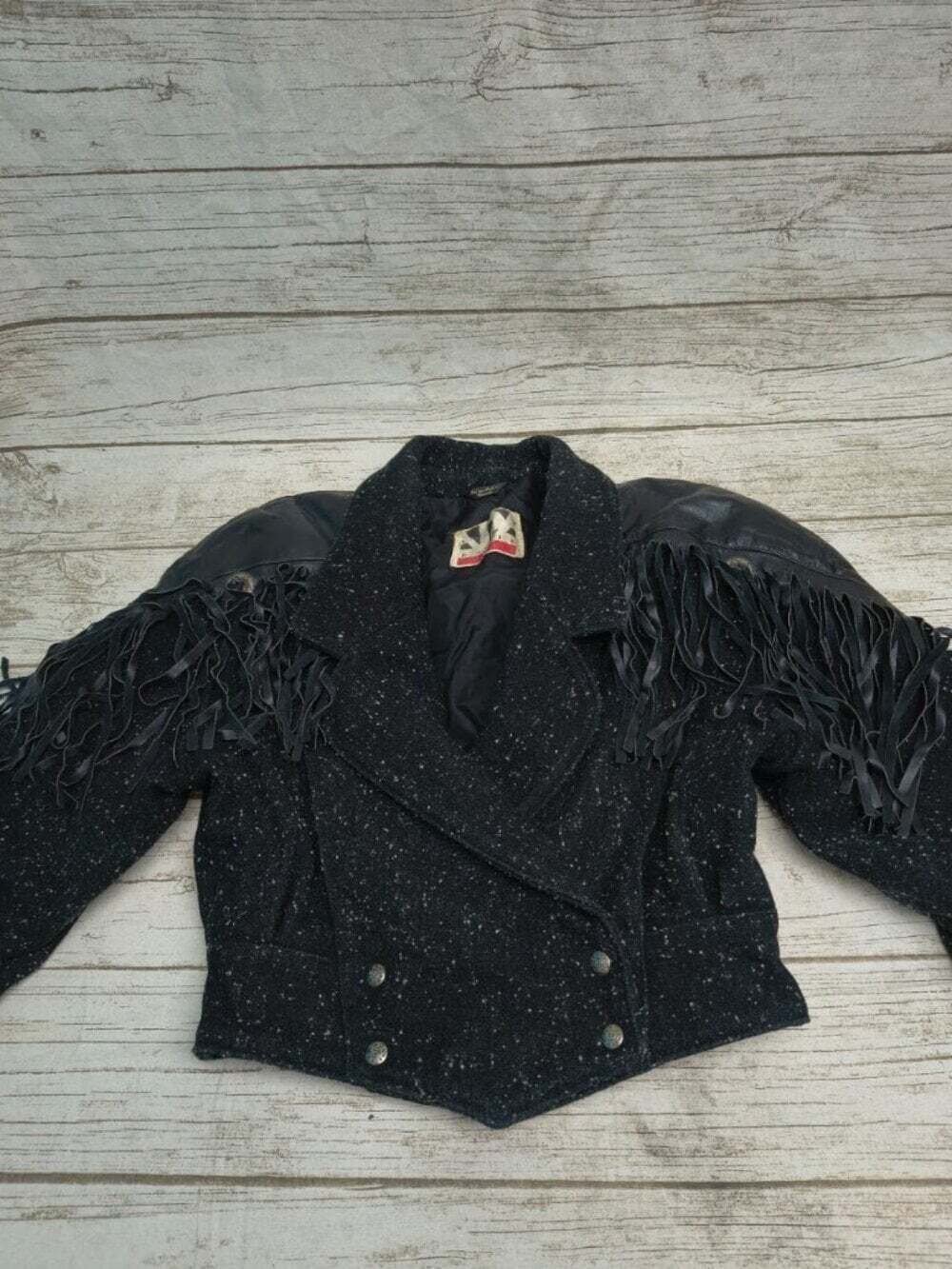 Vintage Black Speckled Western Fringe Double Breasted Jacket Made in Canada